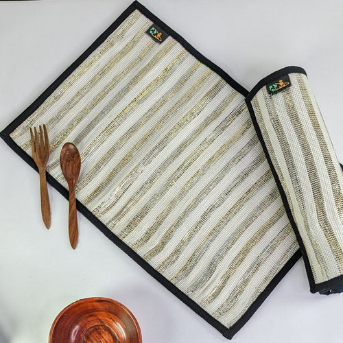 (TM0324-112) Golden White Striped Waste Plastic Wrappers Upcycled Handwoven Table Mat (Set of 2)