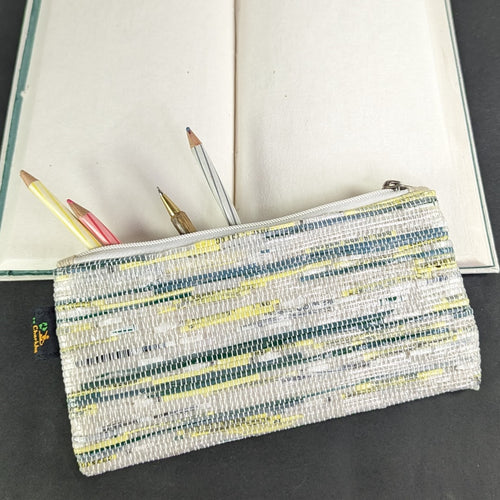 White Green Yellow Waste Plastic Wrappers Upcycled Handwoven Pencil Pouch (PP0524-009) PS_W