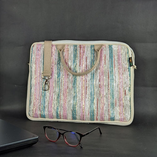 White Silver Green and Pink Striped Waste Plastic Wrappers Upcycled Handwoven Laptop Sleeves 14 inches (LSB140324-108)
