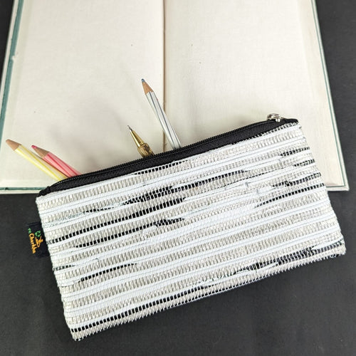 White and Black Waste Plastic Wrappers Upcycled Handwoven Pencil Pouch (PP0524-001) PS_W