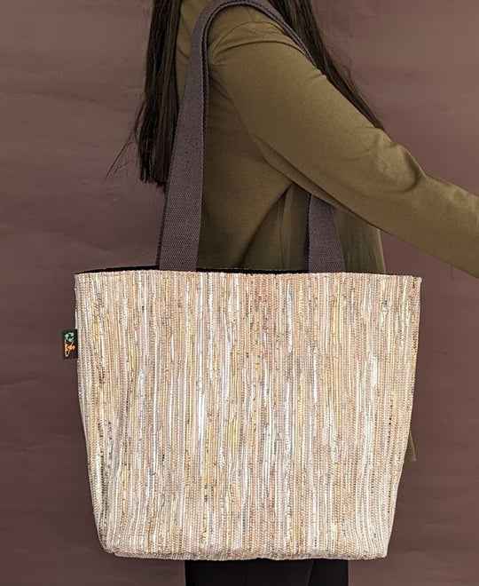 White and Golden Shimmery Upcycled Handwoven Shopper Tote (ST0524-010) PS_W