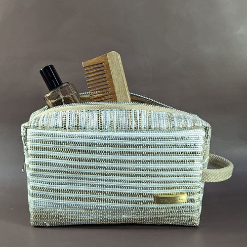 White and Golden Shimmery Waste Plastic Wrappers Upcycled Handwoven Travel Kit (TK0524-006)