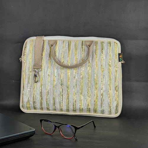 White and Golden Yellow Striped Waste Plastic Wrappers Upcycled Handwoven Laptop Sleeves 14 inches (LSB140324-106)