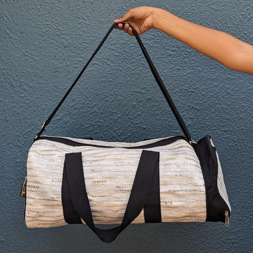 White with Golden Stripes Waste Plastic Wrappers Upcycled Handwoven Gym Duffle Weekender Bag (GDB0424-001)