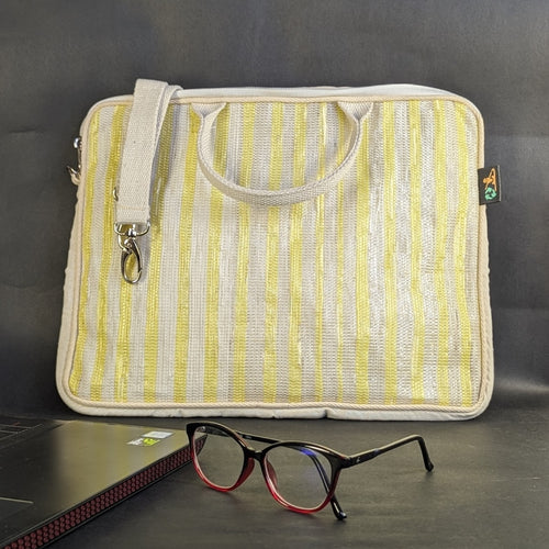 Yellow Thick Stripes on White Upcycled Handwoven Laptop Sleeves 14 inches (LSB14-0224-105)