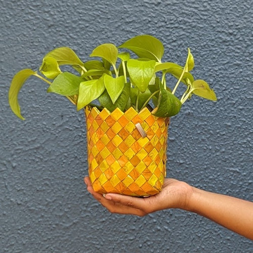 Yellow Waste Plastic Wrappers Upcycled Origami Basketry Deco Storage Small (BDSS0524-004) PS_W