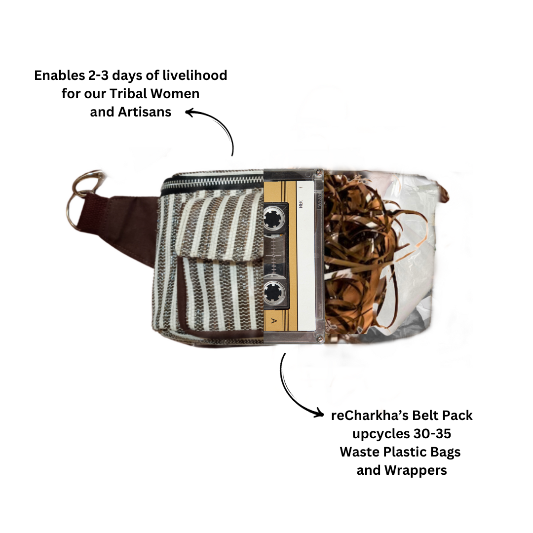 recharkha upcycled handwoven Belt Pack hand made from waste plastic bags and wrappers