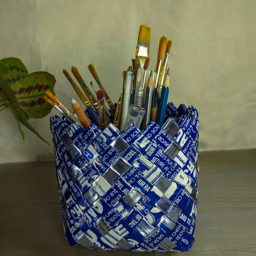 Basketry Deco Storage upcycled from thick plastic bags and wrappers in india by recharkha Ecosocial