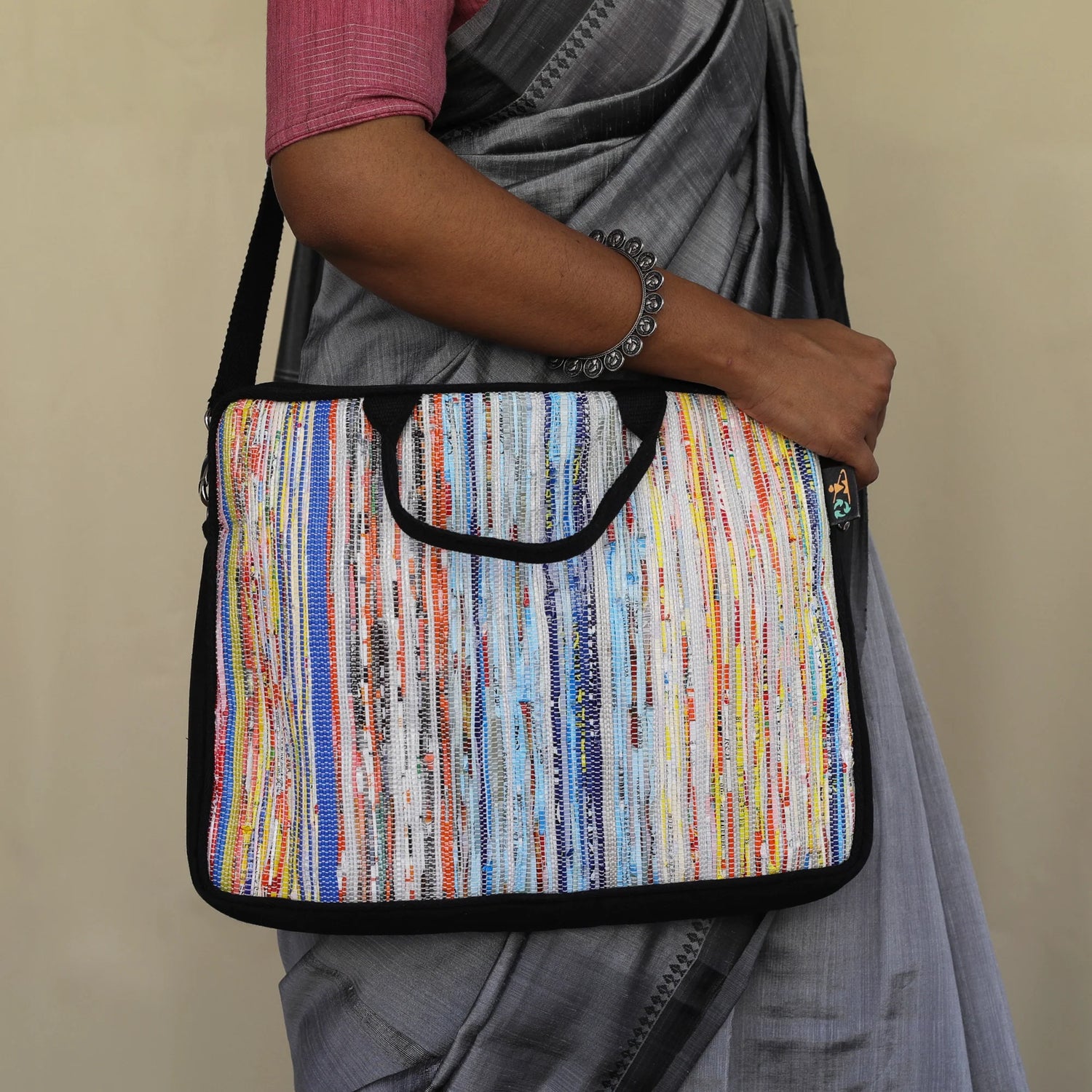 recharkha upcycled handwoven Laptop Sleeve 14 inches  made in India on Handloom and Charkha (Spindle)