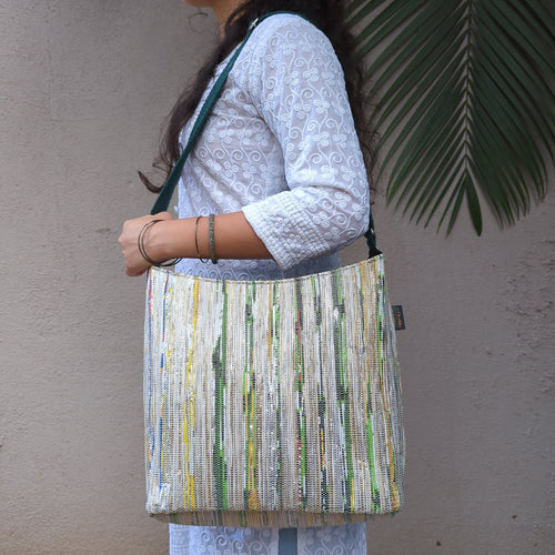 recharkha upcycled handwoven handmade in india from waste plastic bags and wrappers Eclipse Jhola Tote bag and shopping bag with sling belt