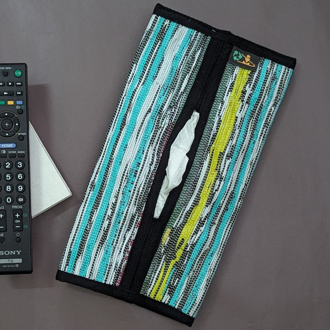 Amazon Wrappers Black White Yellow Green Striped Upcycled Handwoven Tissue Holder (TH0724-005) PS_W