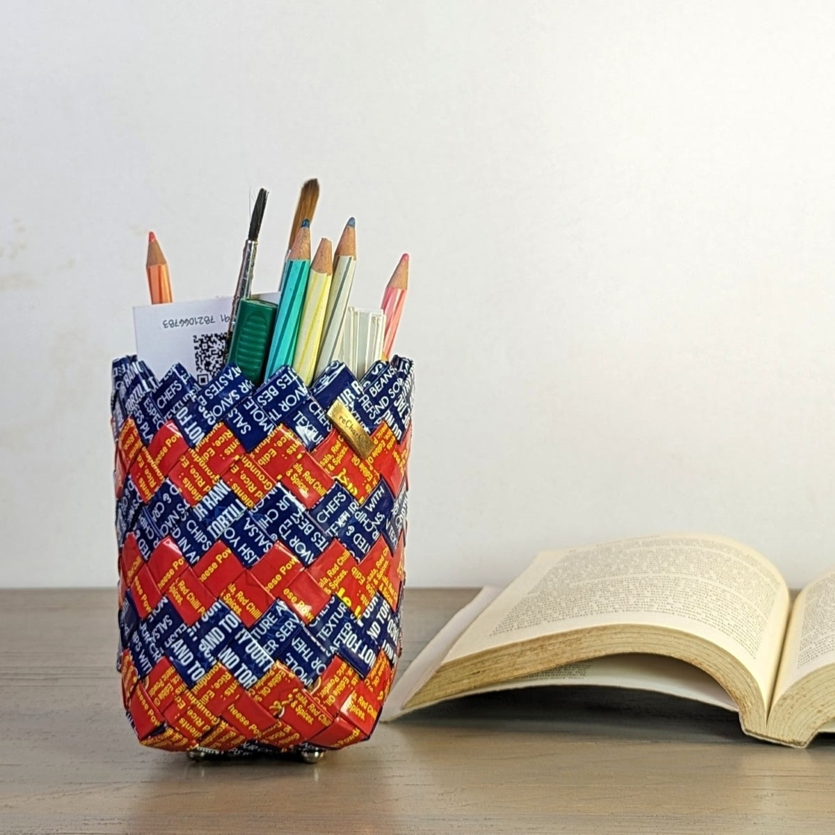 (BDS0124-100) Blue and Red Striped Origami Technique Basketry Deco Storage Small