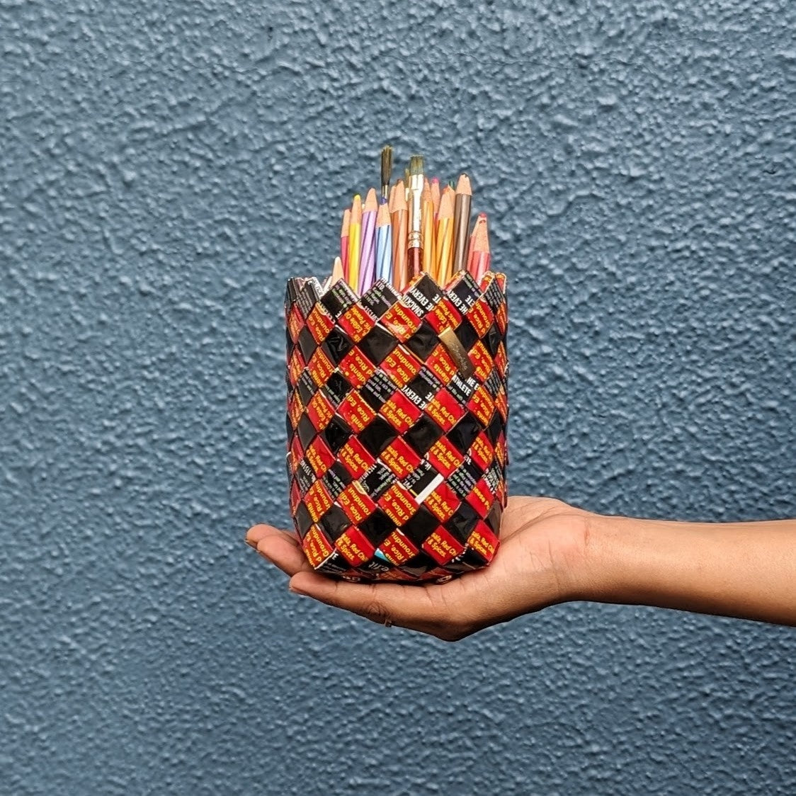 (BDSS0224-105) Red and Silver Snack Wrappers Upcycled Origami Basketry Deco Storage Small