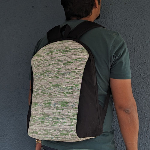 (BP0324-100) Green and Glittery Silver Waste Plastic Wrappers Upcycled Handwoven Laptop Backpack