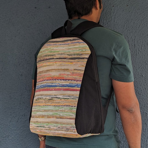 (BP0324-101)Multicolored with Golden Glittery Stripes Waste Plastic Wrappers Upcycled Handwoven Laptop Backpack