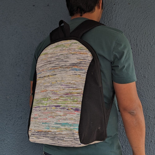 (BP0324-102)Multicolored Glittery Waste Plastic Wrappers Upcycled Handwoven Laptop Backpack