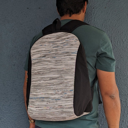 (BP0324-103) Matt White Blue and Gray Waste Plastic Wrappers Upcycled Handwoven Laptop Backpack