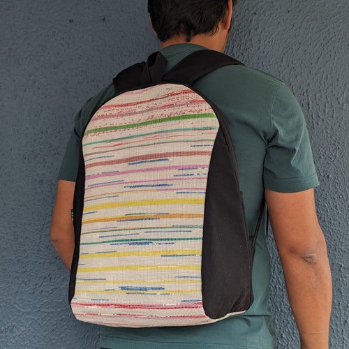(BP0324-105) Multicolored Striped Waste Plastic Wrapper Upcycled Handwoven Laptop Backpack