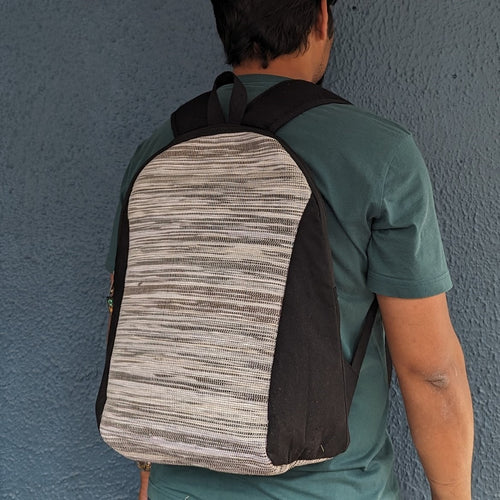 (BP0324-108) Cassette Tape Brown and White Waste Plastic Wrapper Upcycled Handwoven Laptop Backpack