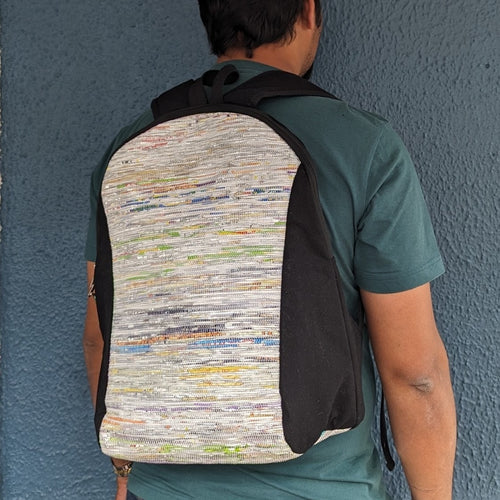 (BP0324-110) Multicolored Glittery Waste Plastic Wrapper Upcycled Handwoven Laptop Backpack