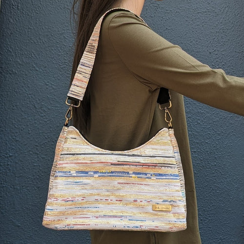(BTB0324-105) Multicolored Glittery Stripes Waste Plastic Wrappers Upcycled Handwoven Baguette Bag