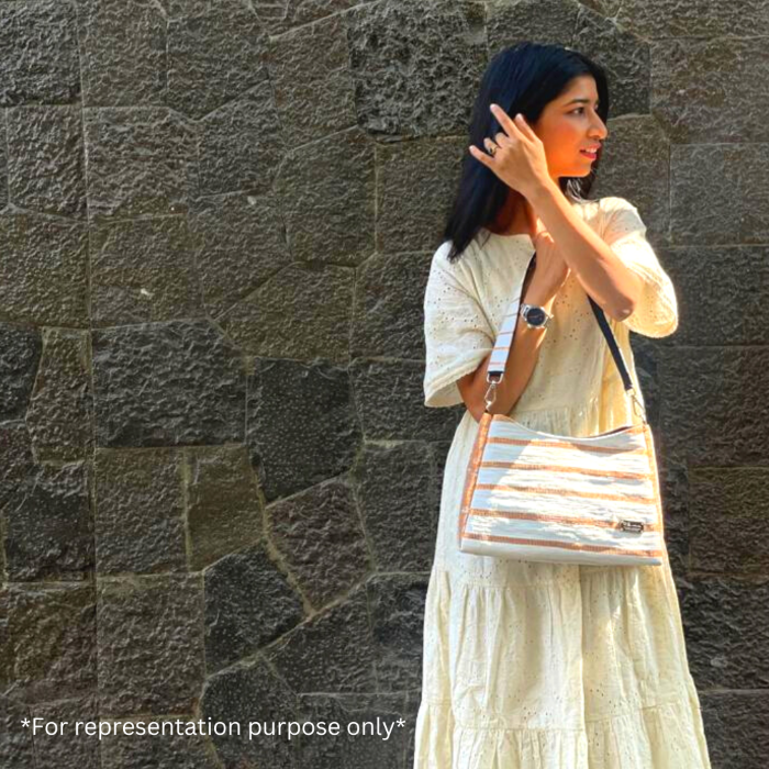 Baguette Bag Golden & Black Bling recharkha Upcycled Handwoven dimensions
