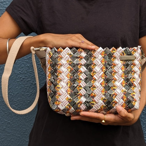 Black Brown Orange White Waste Plastic Wrappers Upcycled Origami Handcrafted Basketry Clutch Sling (NBB0424-002)