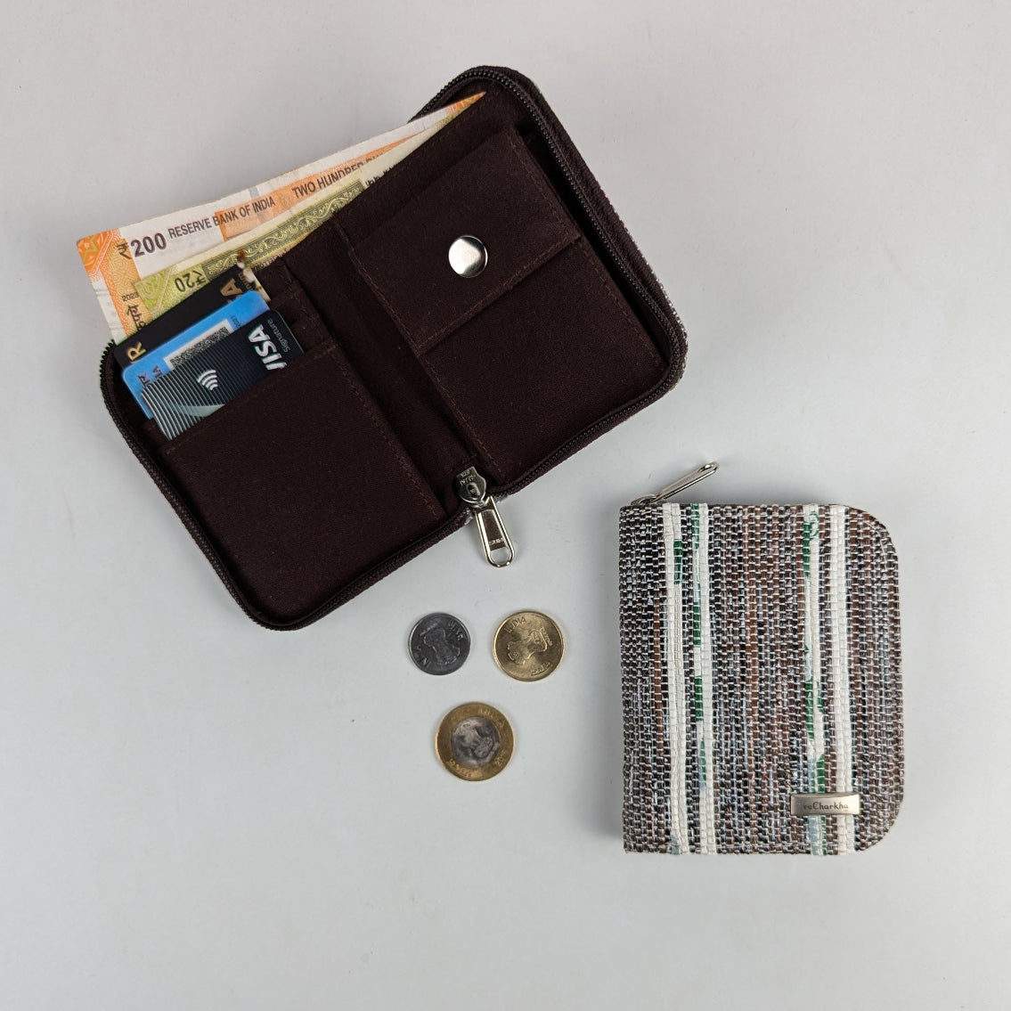 Black Brown Cassette tape with White Stripes Upcycled Handwoven D Wallet (DW0225-022) PS_W