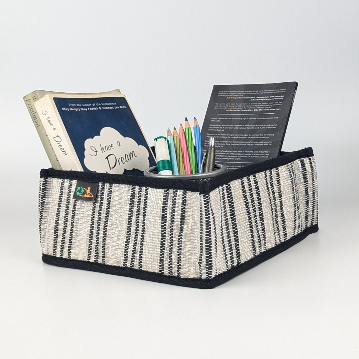 Black White Striped Upcycled Handwoven Collapsible Storage Basket Small (CSBS0125-005) PS_W