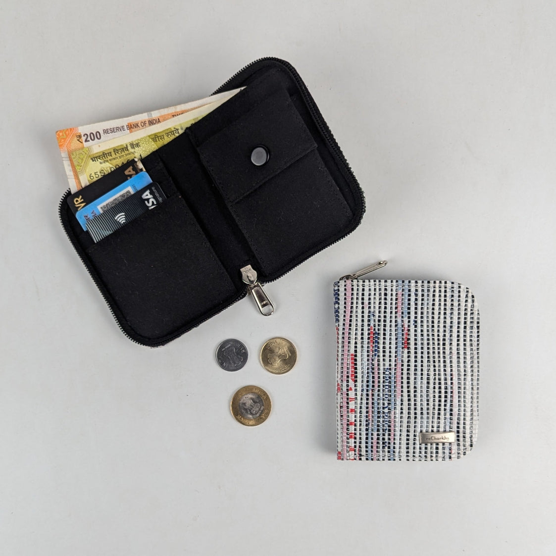 Black and White Stripes Upcycled Handwoven D Wallet (DW0225-017) PS_W