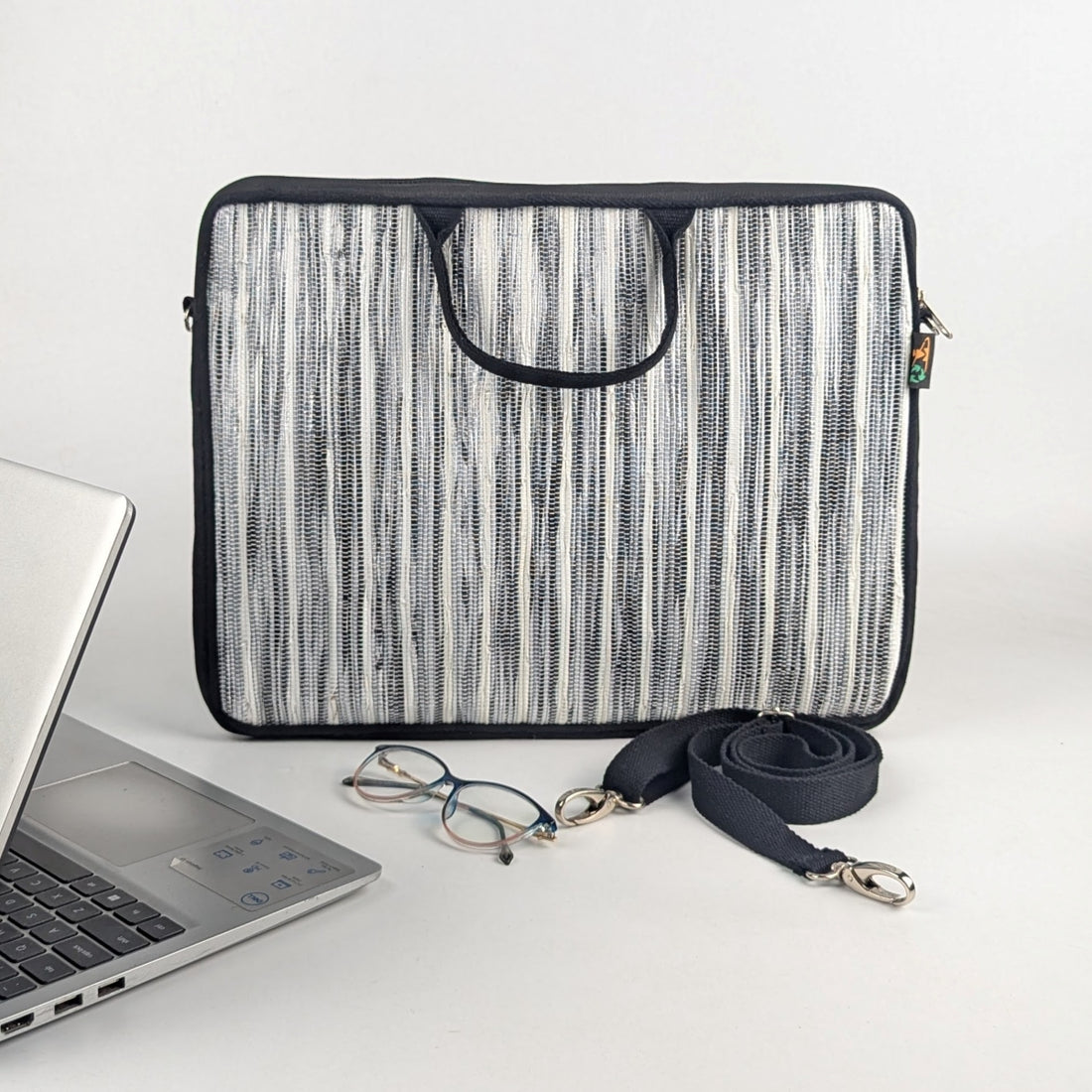 Black and White Upcycled Handwoven Laptop Sleeve 16 inch (LSB160225-001) PS_W