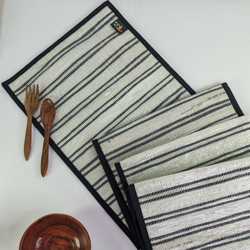 Black and White Waste Plastic Wrapper Upcycled Handwoven Table Runner (TR0424-009)