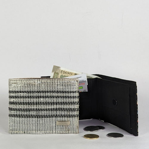 Black and White Waste Plastic Wrappers Upcycled Handwoven Wallet (W0424-011) PS_W