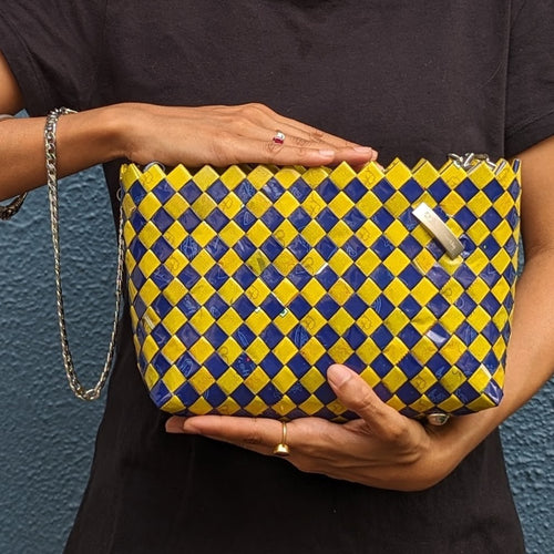 Blue And Yellow Waste Plastic Wrappers Upcycled Origami Handcrafted Basketry Clutch Sling (NBB0424-001)