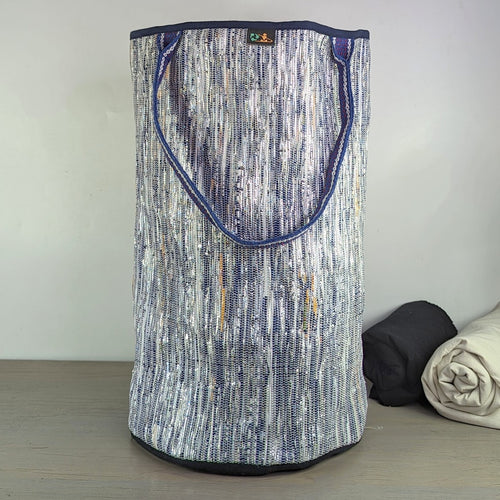 Blue Silver Waste Plastic Wrappers Upcycled Handwoven Laundry Bag (LBG0424-014)