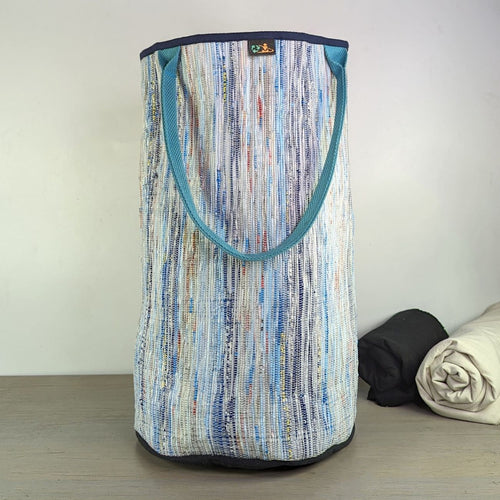 Blue White Mix Waste Plastic Wrappers Upcycled Handwoven Laundry Bag (LBG0424-013)