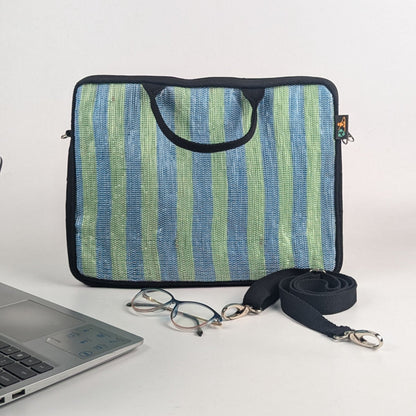 Blue Green Stripes Upcycled Handwoven Laptop Sleeves 14 inches (LSB140225-009) PS_W