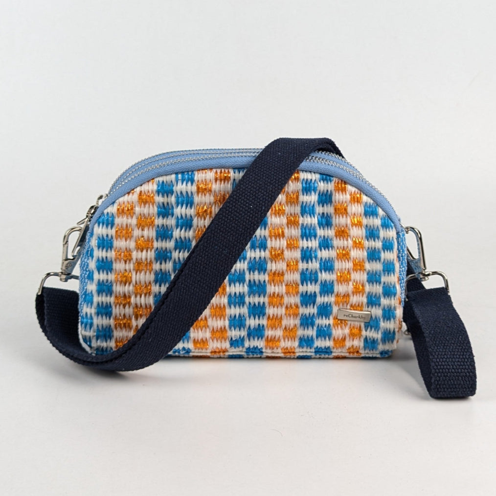 Blue Orange Checkered Pattern Upcycled Handwoven Designer Taco Sling (TSLD0225-003) PS_W