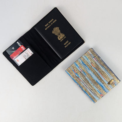 Blue Red and Golden Shimmery Striped Upcycled Handwoven Passport Cover (PC1224-007) PS_W