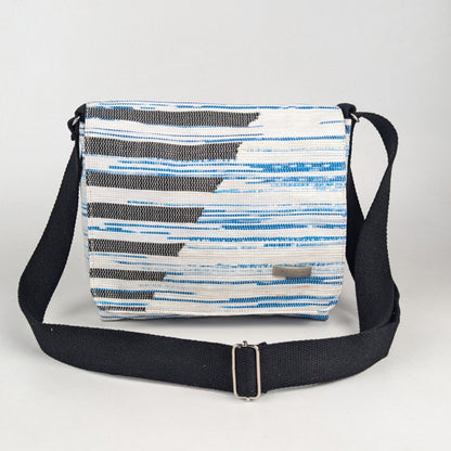 Blue White with Black Oblique Stripes Upcycled Handwoven Designer Messenger Bag (MBD0325-003) PS_W