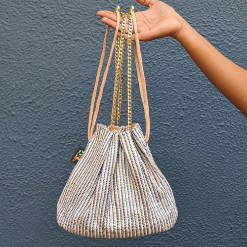 Blue and White Striped Waste Plastic Wrappers Upcycled Handwoven Girija Potli Sling (GP0424-004)