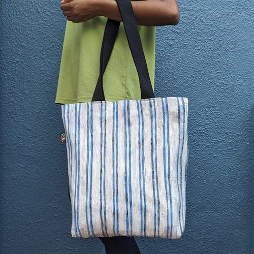 Blue and White Striped Waste Plastic Wrappers Upcycled Handwoven Shop N Go (SNG0424-012)