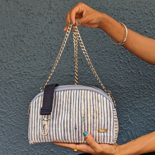Blue and White Striped Waste Plastic Wrappers Upcycled Handwoven Taco Sling (TSL0424-014)