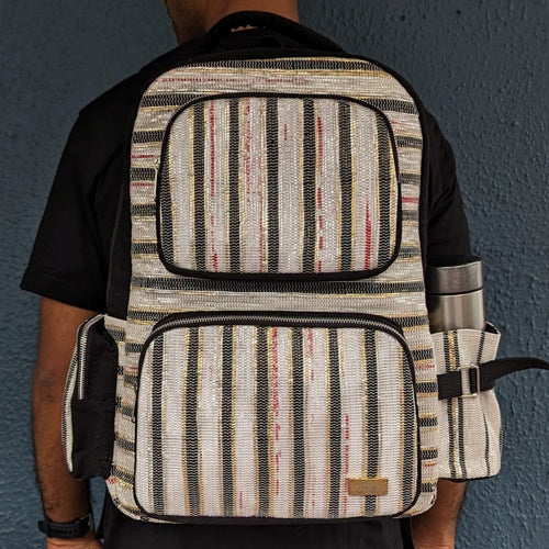 (CBP0324-118) Black Golden White Striped with Red Tints Waste Plastic Wrappers Upcycled Handwoven Commuter Backpack