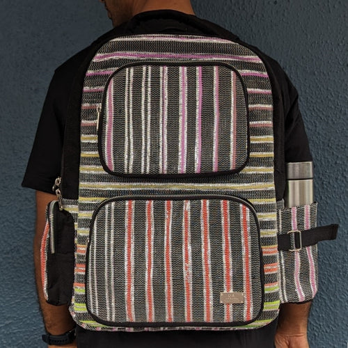 (CBP0324-119) Black and White with Multicolored Stripes with Red Tints Waste Plastic Wrappers Upcycled Handwoven Commuter Backpack