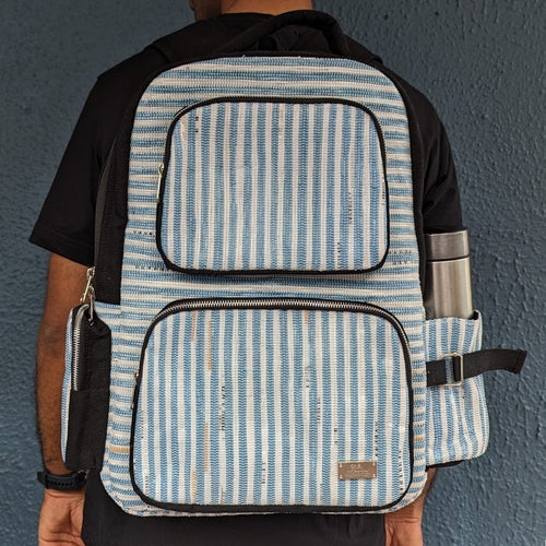 (CBP0324-122) White and Blue Waste Plastic Wrappers Upcycled Handwoven Commuter Backpack