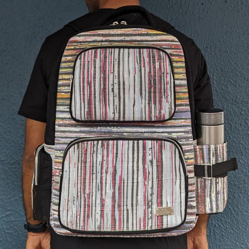 (CBP0324-123) Multicolored with Black Stripes Waste Plastic Wrappers Upcycled Handwoven Commuter Backpack