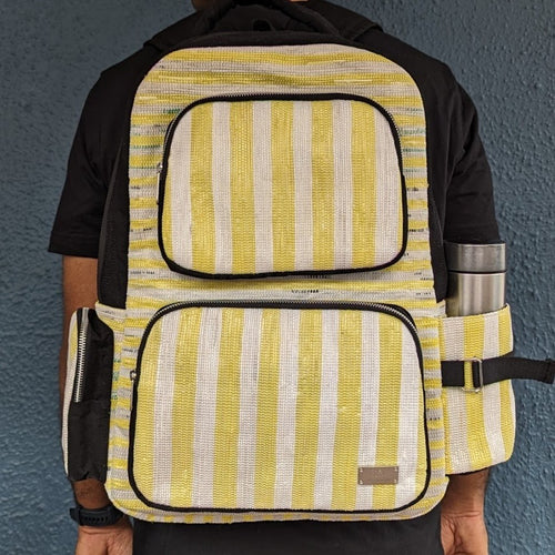 (CBP0324-125) Yellow and White Striped with Black Tints Waste Plastic Wrappers Upcycled Handwoven Commuter Backpack