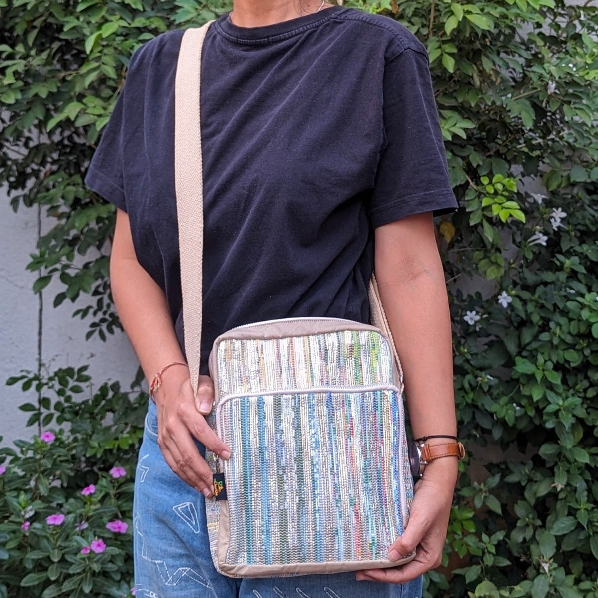 (CBS0124-109) Silver Glittery with Blue Stripes Upcycled Handwoven Cross Body Sling