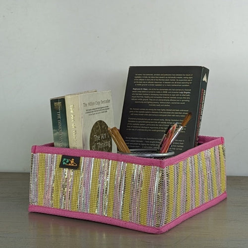 (CSBS0324-106) Shimmery Pink and Yellow Waste Plastic Wrappers Upcycled Handwoven Collapsible Storage Basket Small